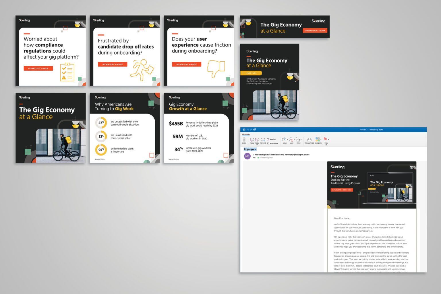 Overview of promotional assets, including social media posts, paid ABM ads, esignature, and email header.