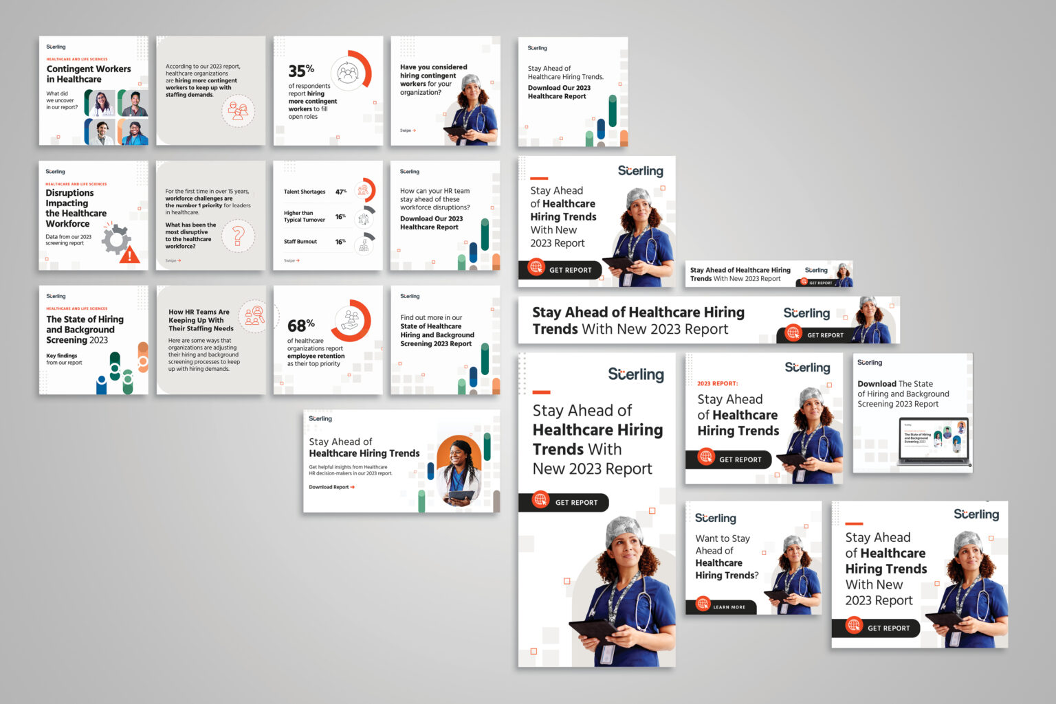 Overview of 2023 promotional assets, including social media carousels and standalone tiles, banner ads, esignatures, and email header.