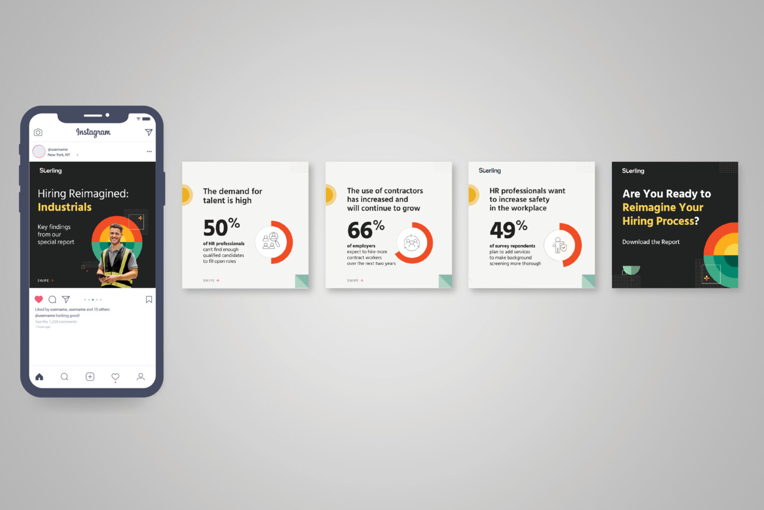 The first carousel designed to raise awareness of the report. The call-to-action slide lead viewers to a gated landing page where they could enter their info to download the asset.