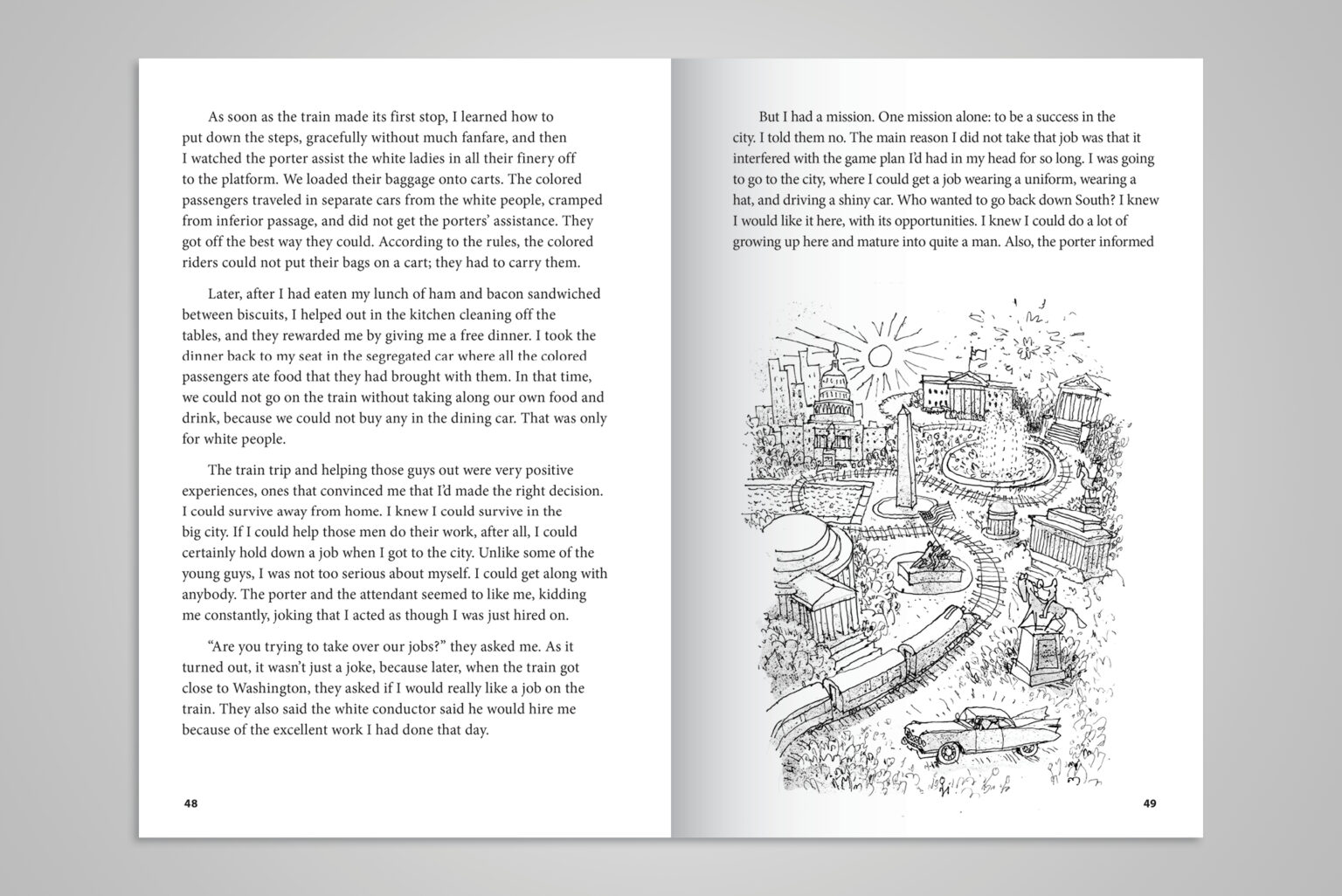 We used illustrations to visually highlight the stark contrast between Bowman's quiet farm life and his vibrant city career.