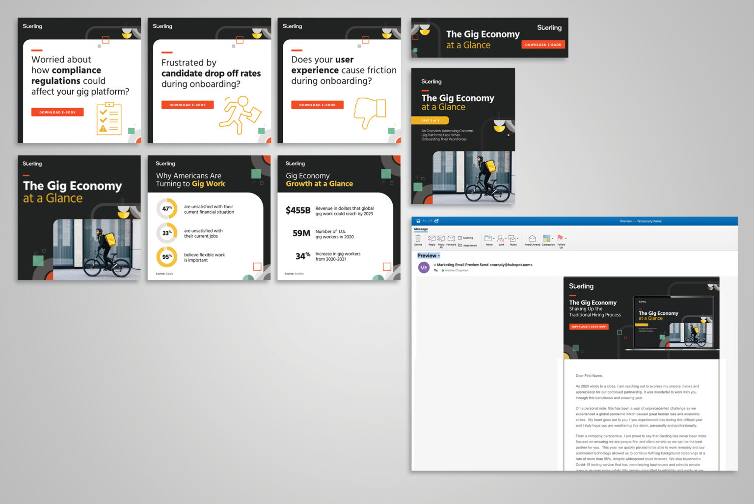 Overview of promotional assets, including social media posts, paid ABM ads, esignature, and email header.