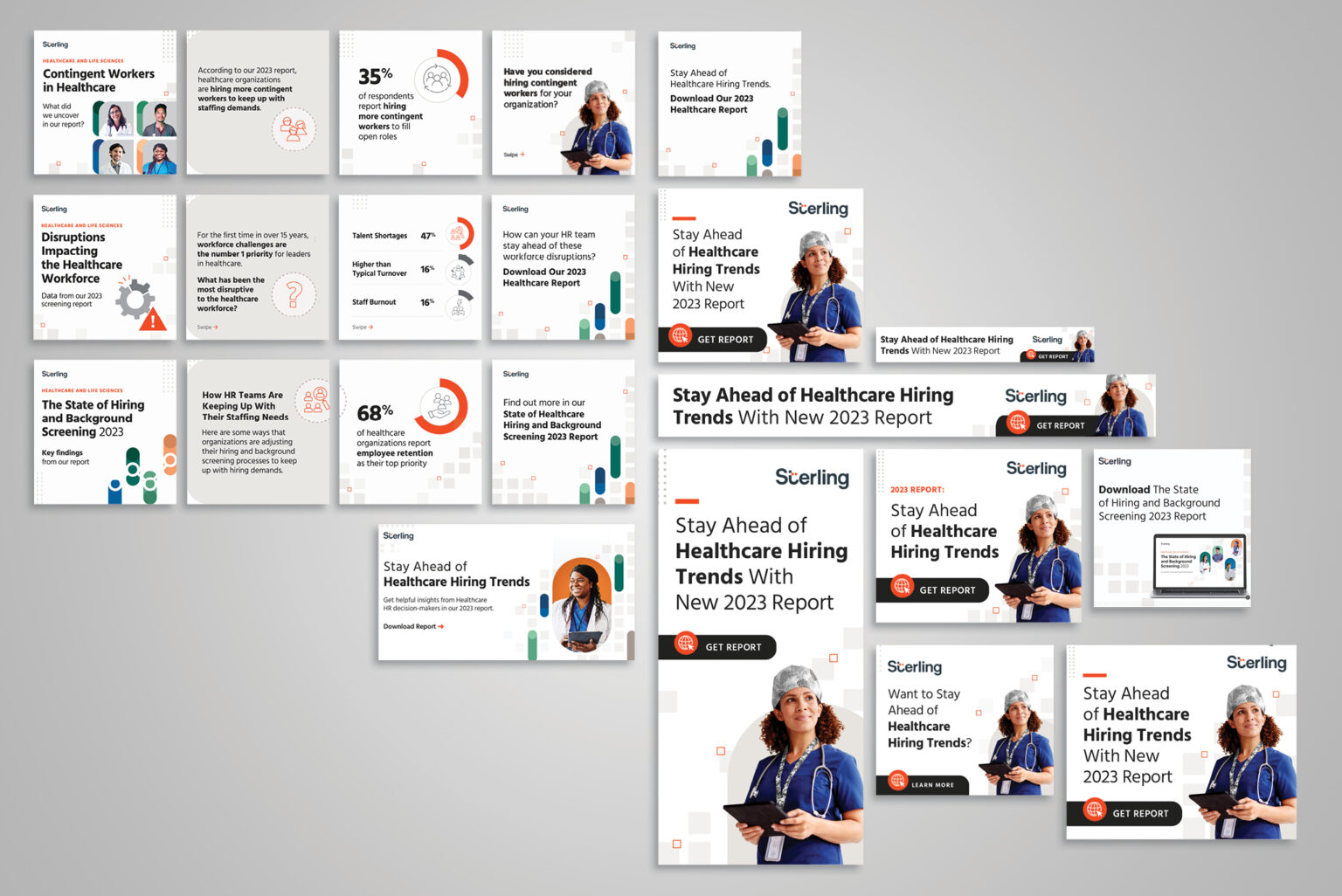 Overview of 2023 promotional assets, including social media carousels and standalone tiles, banner ads, esignatures, and email header.