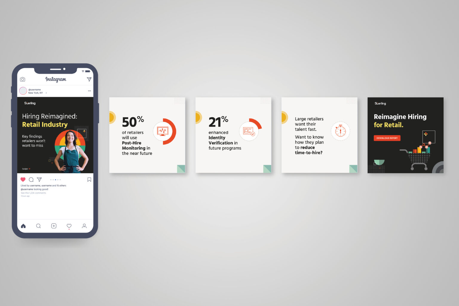 The initial awareness-phase carousel directed viewers to a gated landing page, requiring information submission for asset download.