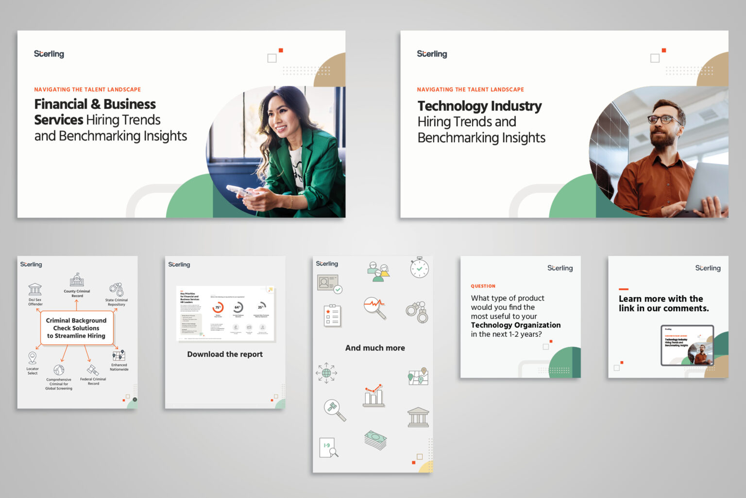 Sample thought leadership assets across FinBiz, Tech, and Staffing. (While I did not work on the report itself, I animated a promo.)
